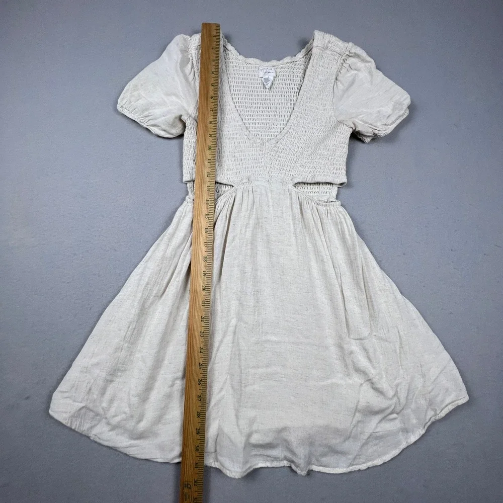 Spektor Jeans Dress Womens Small Oatmeal Linen Blend‎ Smocked Cut-Out Boho Mini